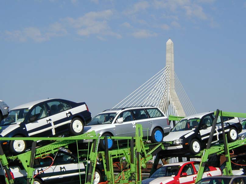 View from Charlestown Bridge, over VW delivery van, to new Zakim Bunker Hill Bridge
